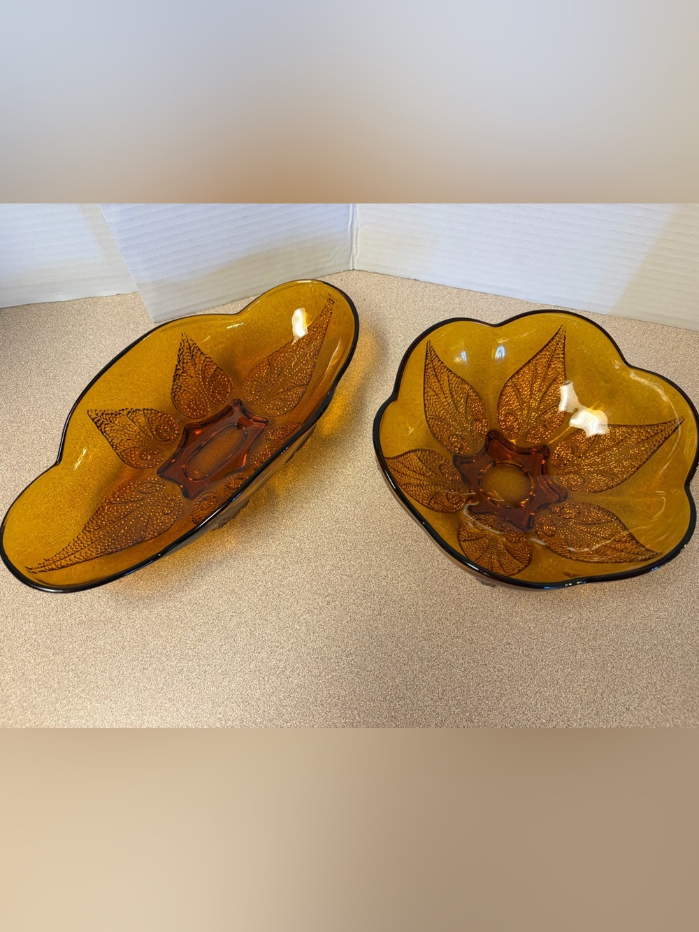2 Vintage Anchor Hocking Renaissance Gold Amber Glass Bowls; Flower Petal Design